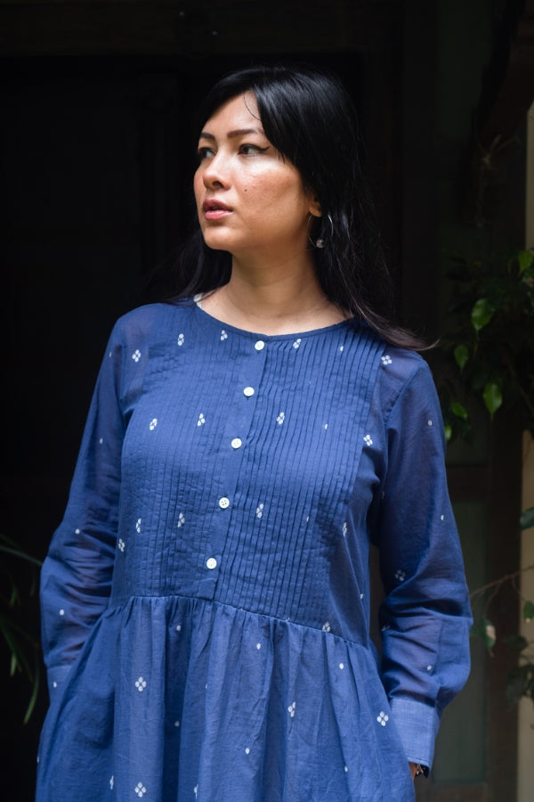 L/S Summer Dress 'Navy Jamdani'