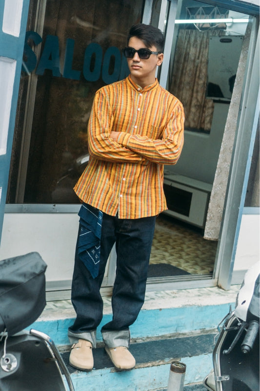 Band Collar Shirt 'Tequila Sunrise Handloom'