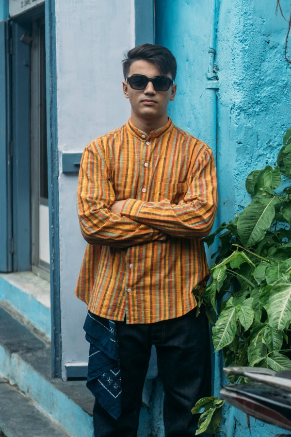 Band Collar Shirt 'Tequila Sunrise Handloom'