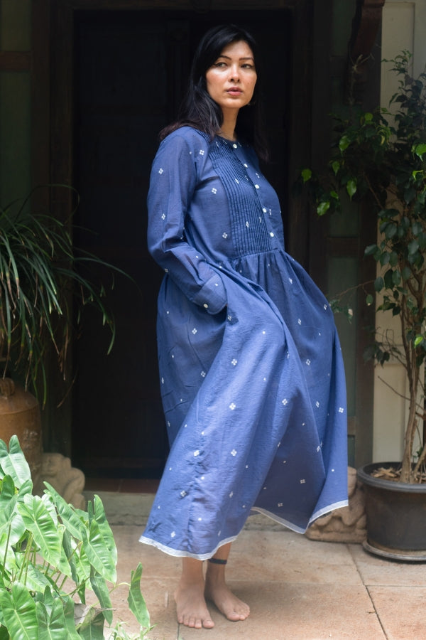 L/S Summer Dress 'Navy Jamdani'