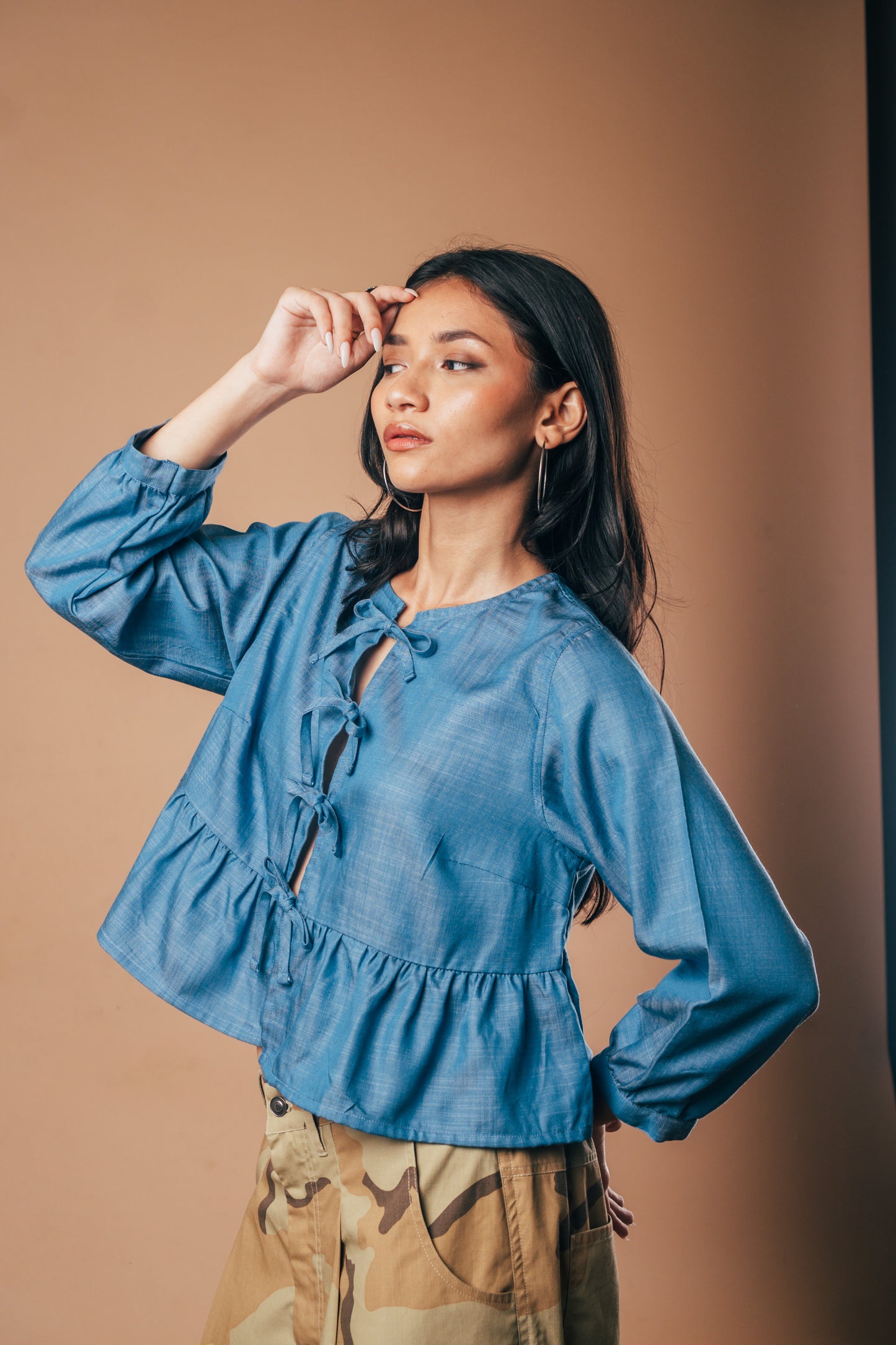 Front Tie Peplum Top 'Speckle Blue Tencel'