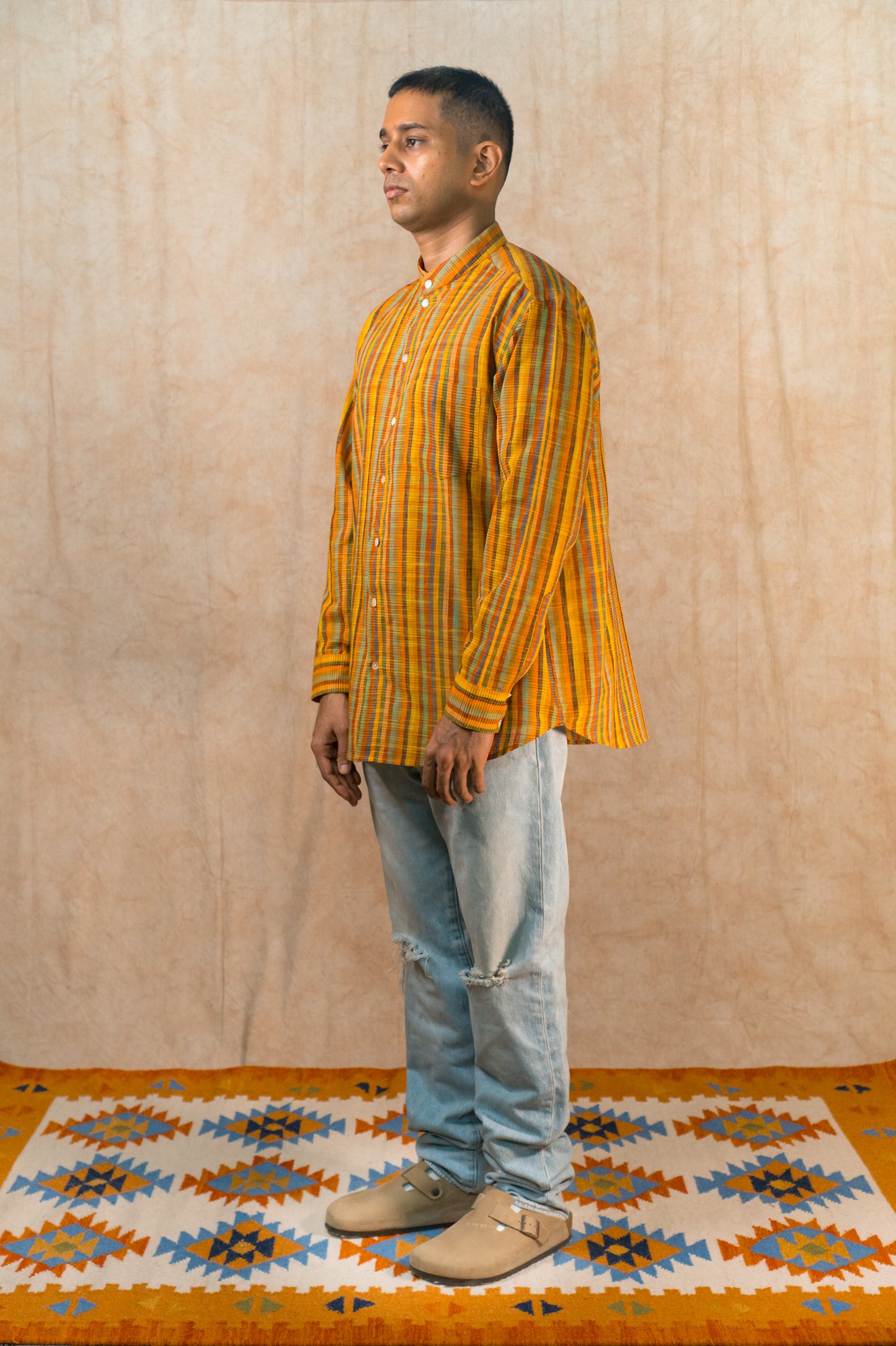 Band Collar Shirt 'Tequila Sunrise Handloom'