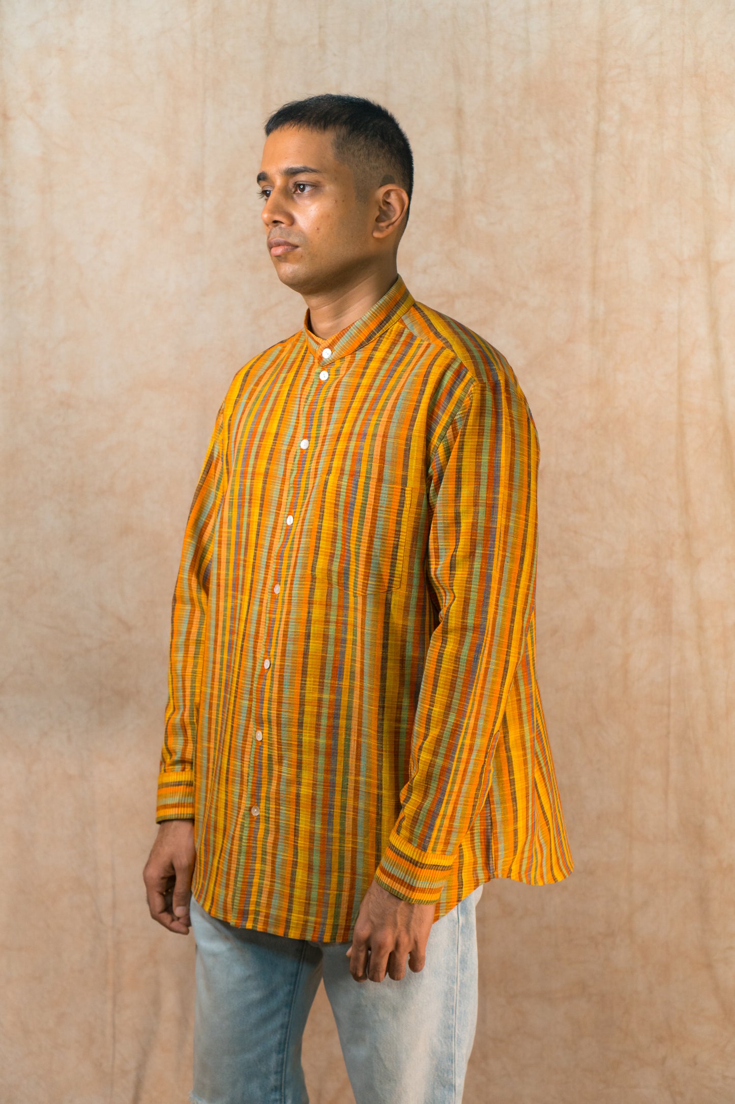 Band Collar Shirt 'Tequila Sunrise Handloom'