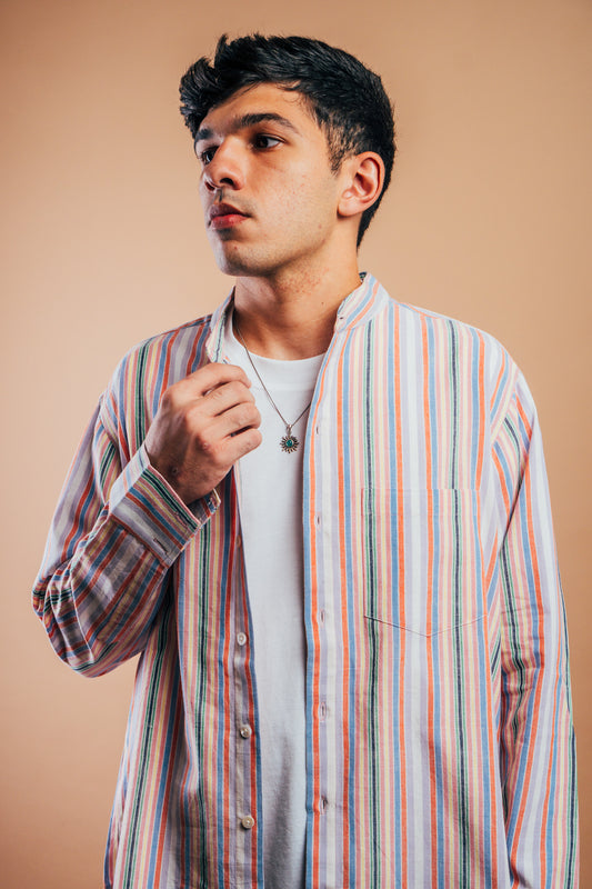 Band Collar Shirt 'Multi Stripe Khadi'