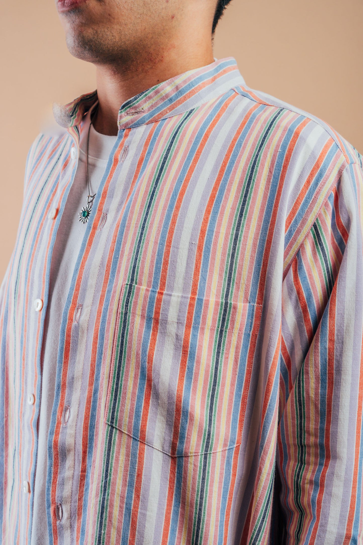 Band Collar Shirt 'Multi Stripe Khadi'