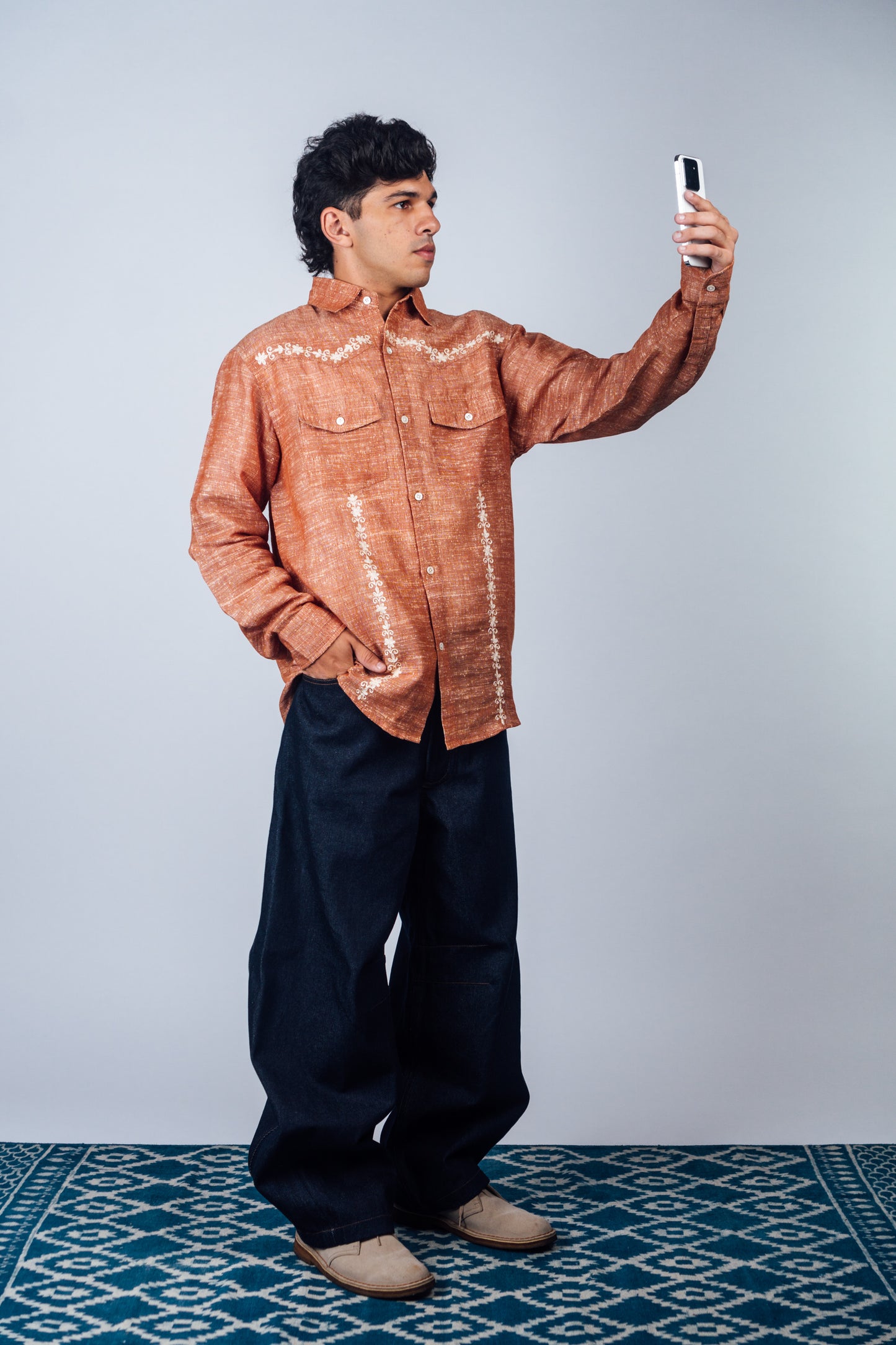 Embroidered Western Shirt 'Burnt Orange Khadi'