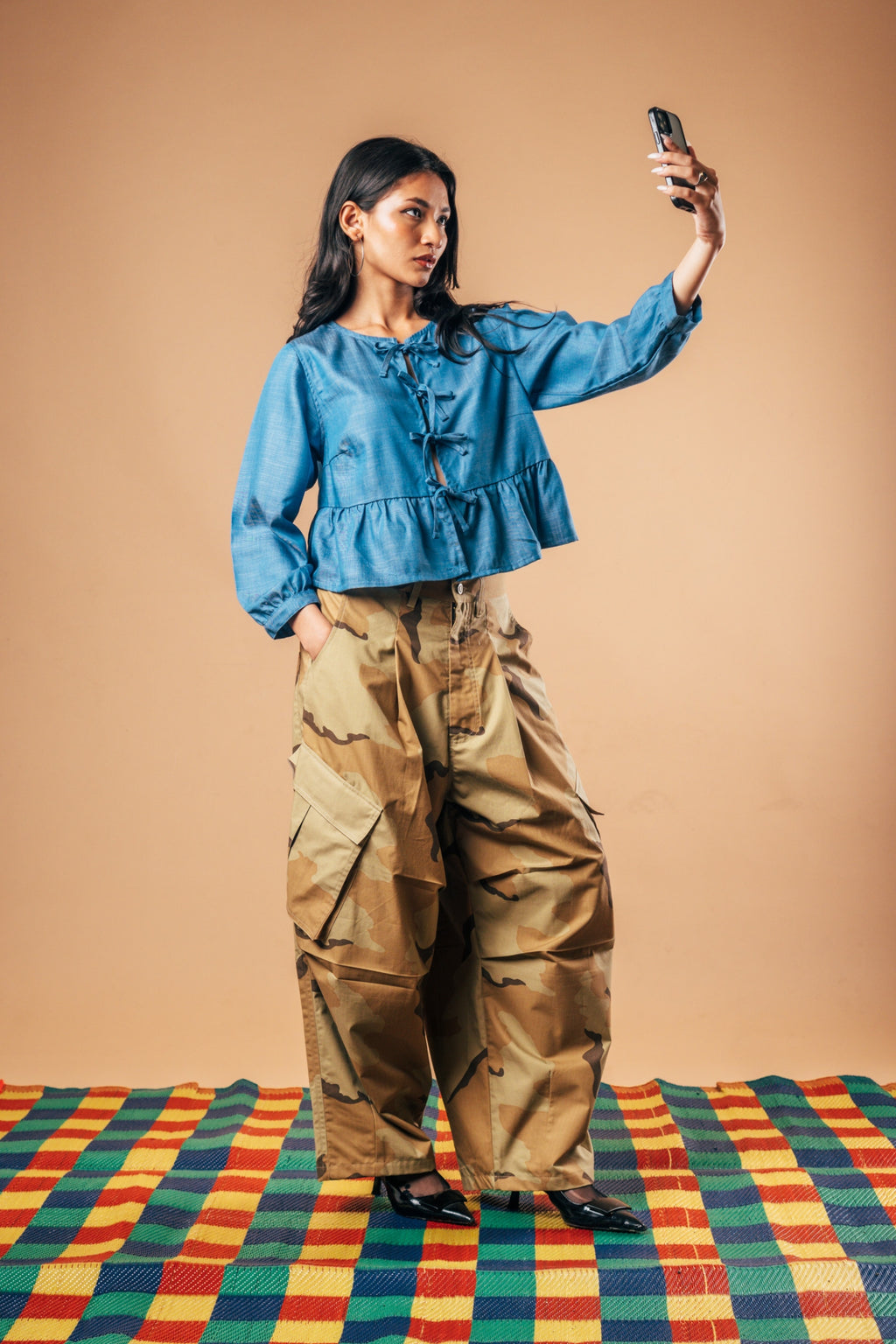 Front Tie Peplum Top 'Speckle Blue Tencel'