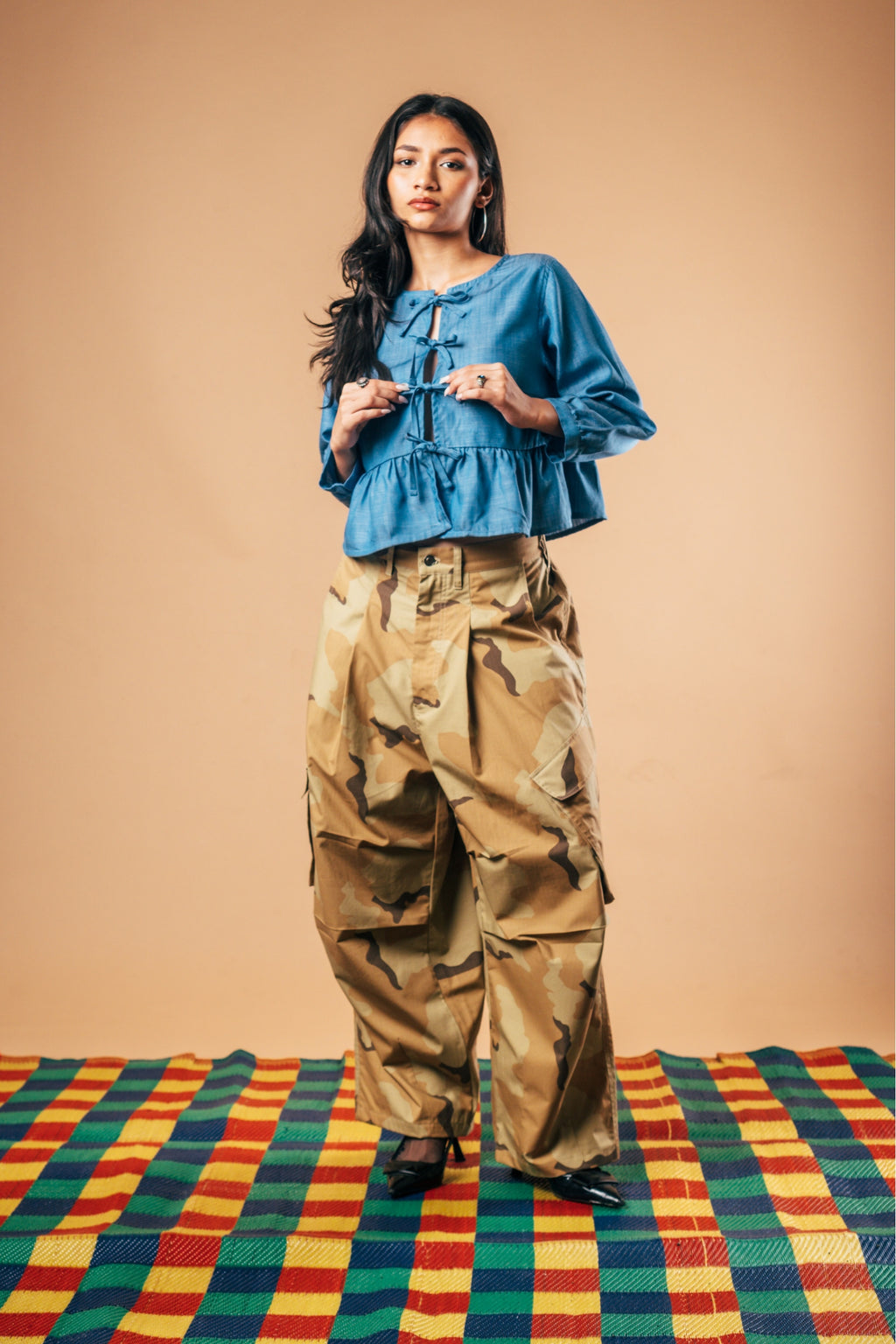 Front Tie Peplum Top 'Speckle Blue Tencel'