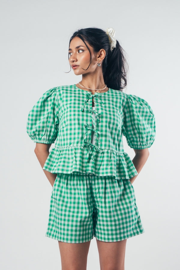 Front Tie Peplum Top 'Hidden Green'