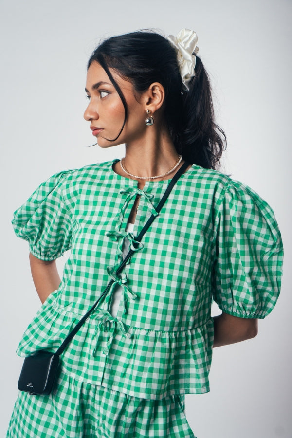 Front Tie Peplum Top 'Hidden Green'