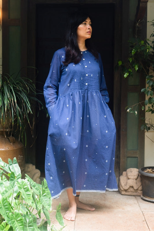 L/S Summer Dress 'Navy Jamdani'