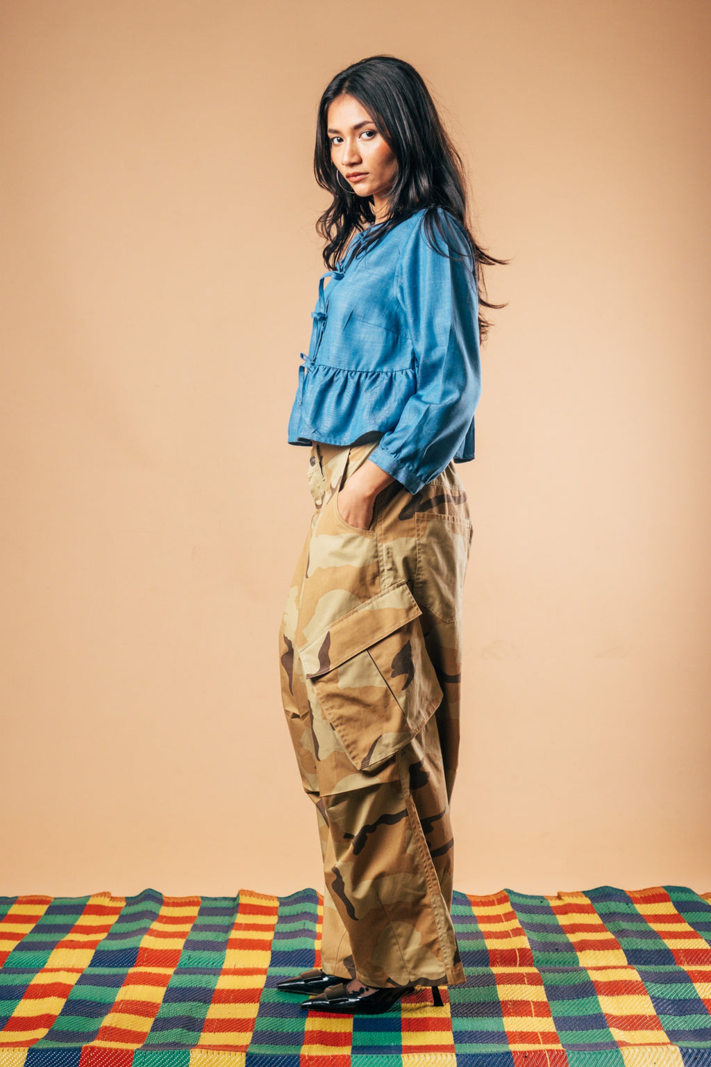 Front Tie Peplum Top 'Speckle Blue Tencel'