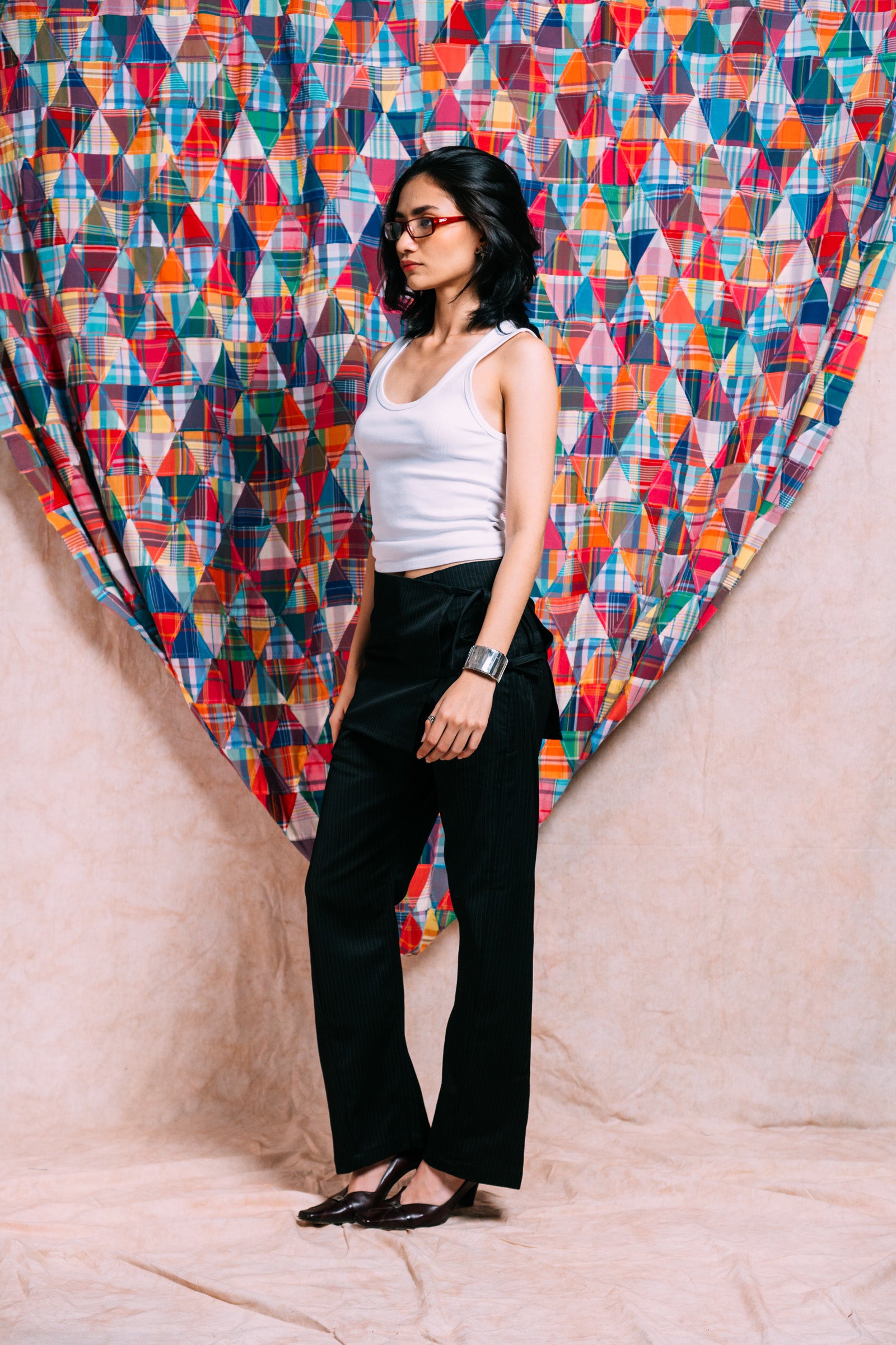 Two-Tie Apron Slouchy Pants 'Black Stripes'