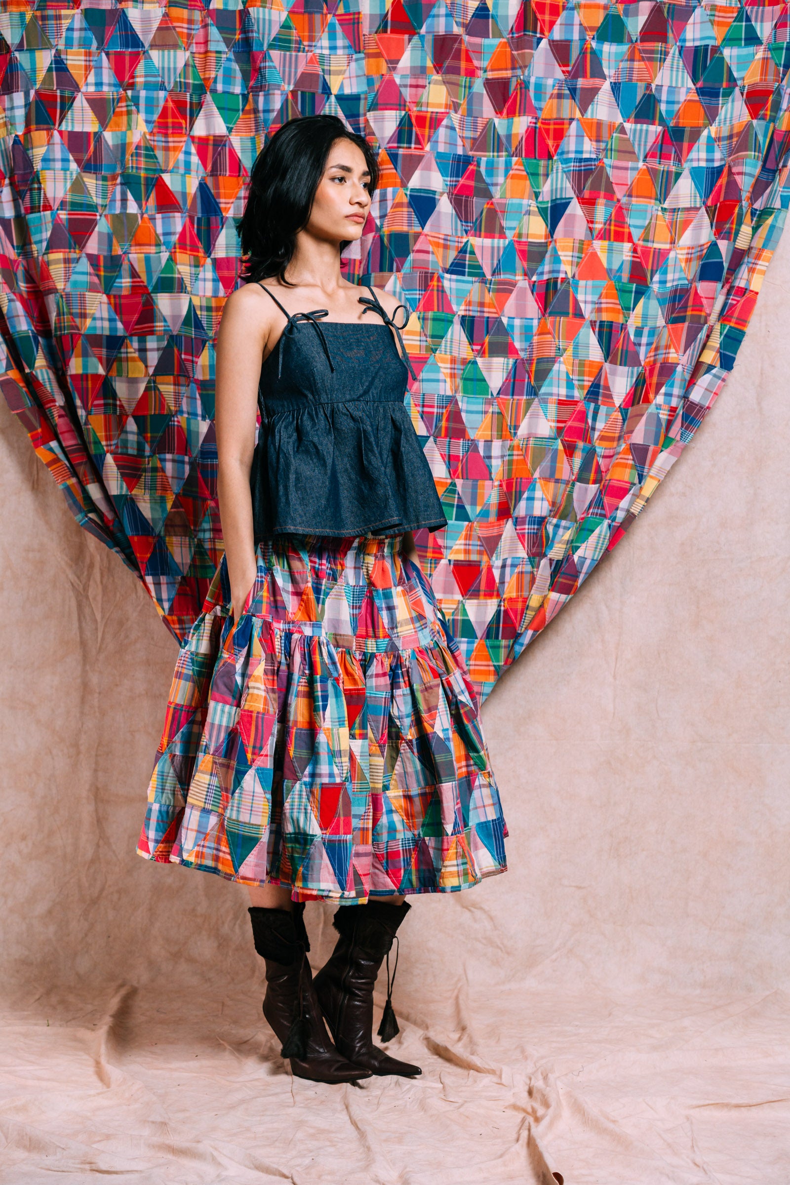Tiered Skirt 'Madras Patchwork Triangles'