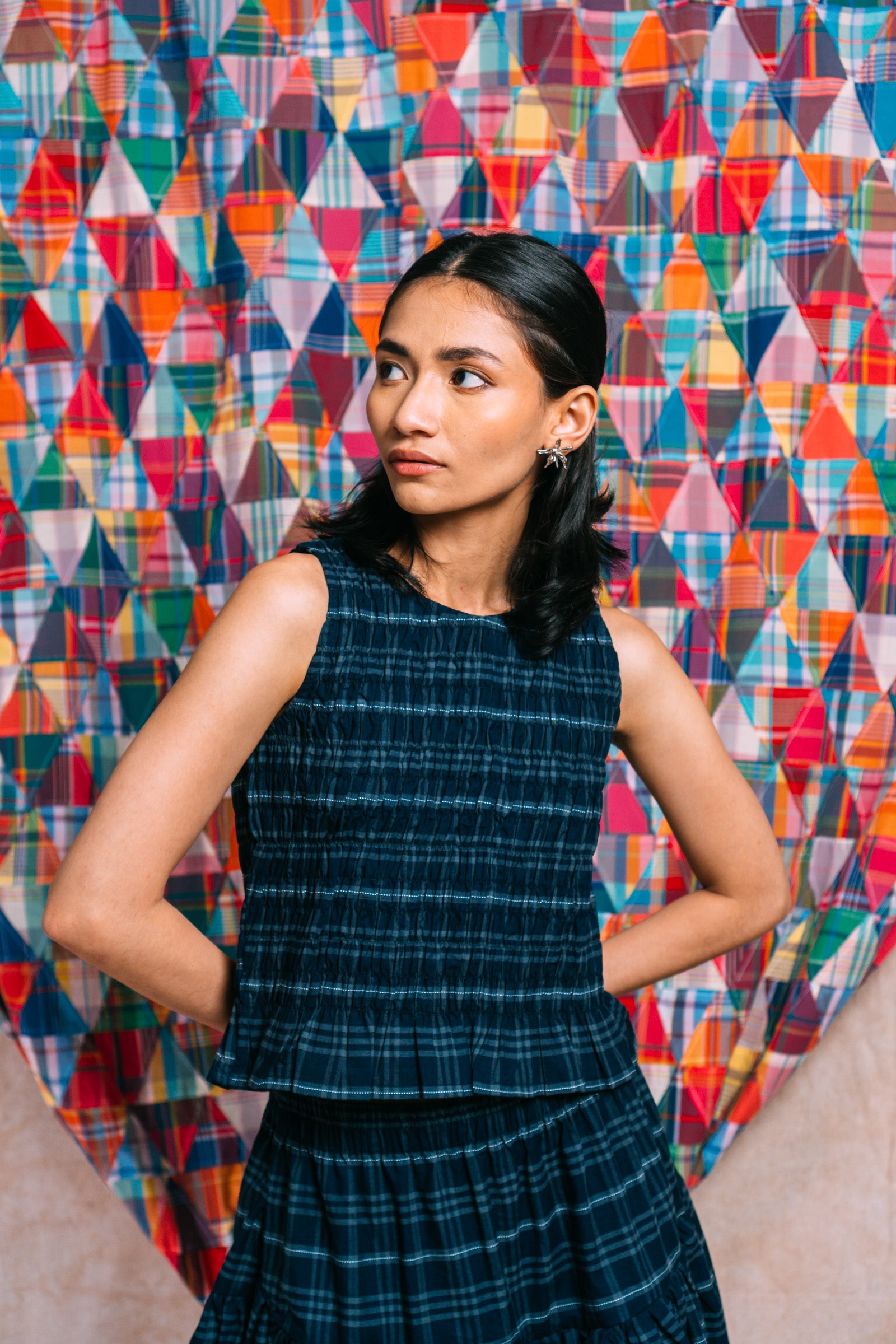 Ruched Top 'Navy Checks'