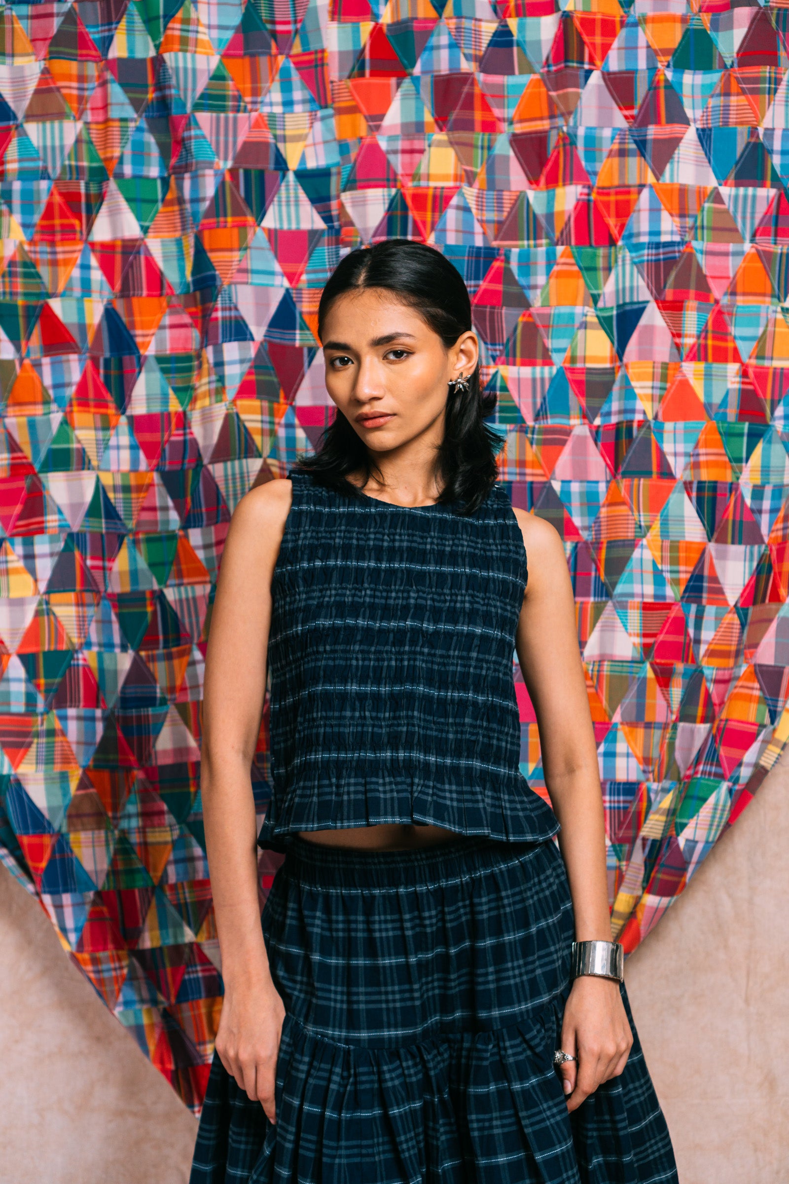 Ruched Top 'Navy Checks'