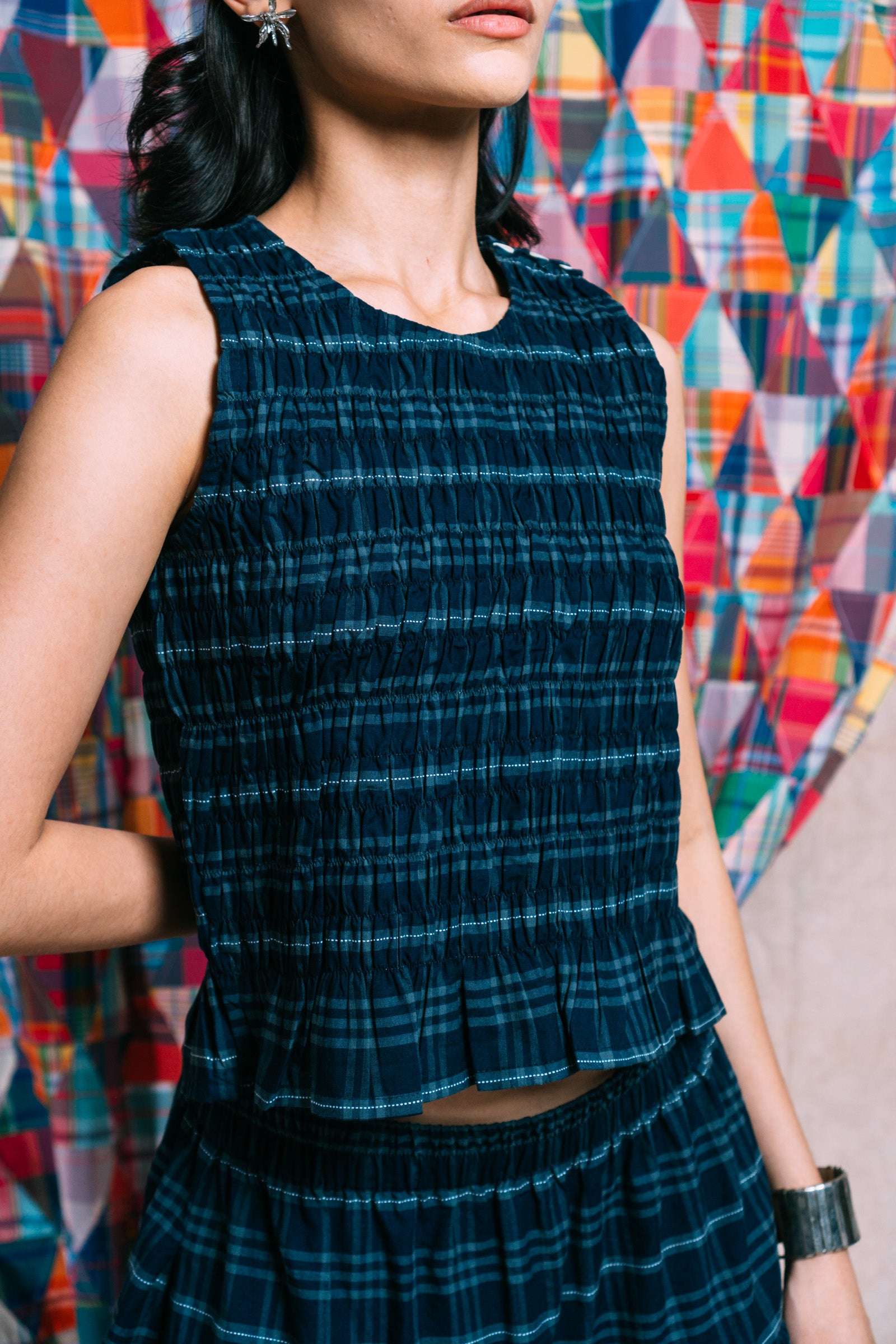 Ruched Top 'Navy Checks'
