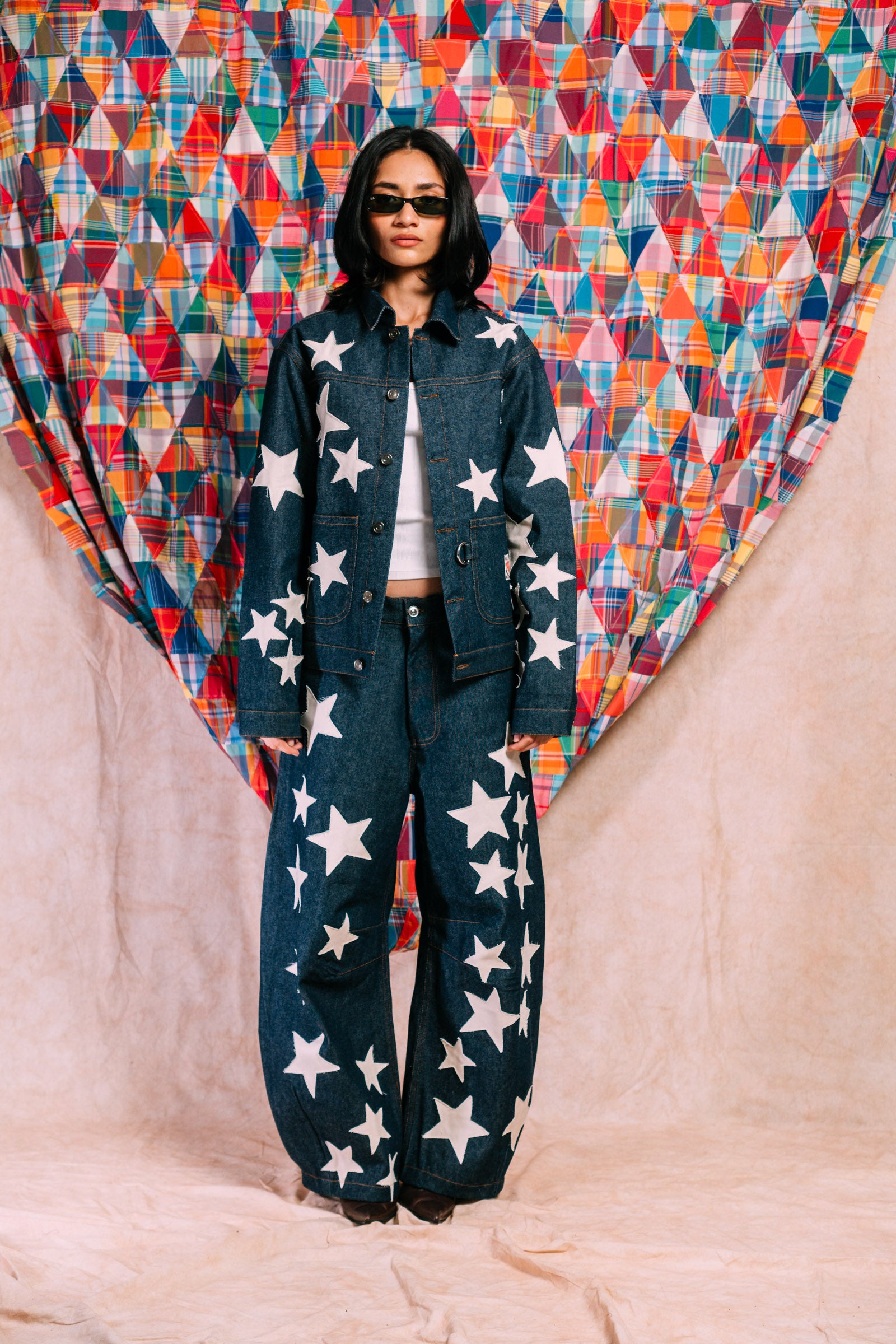 Denim Work Jacket 'Ecru Star Patchwork'
