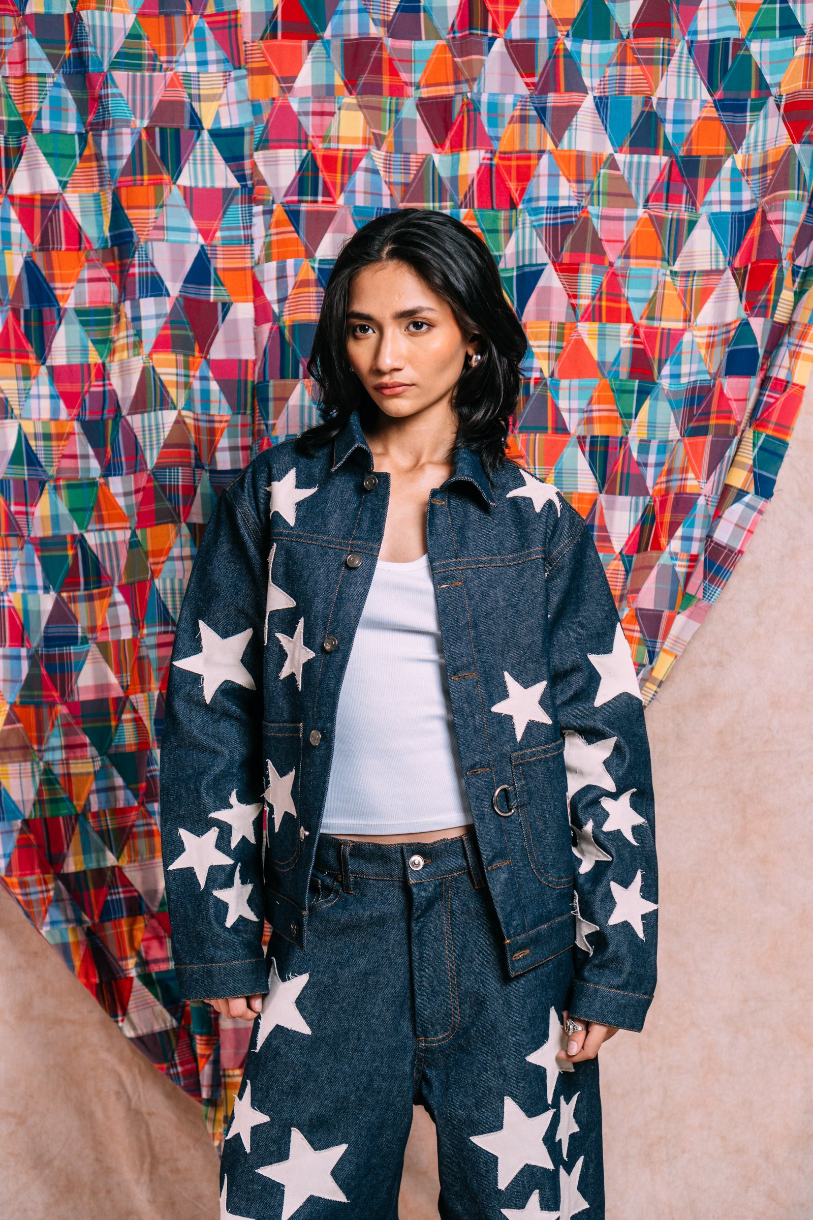 Denim Work Jacket 'Ecru Star Patchwork'