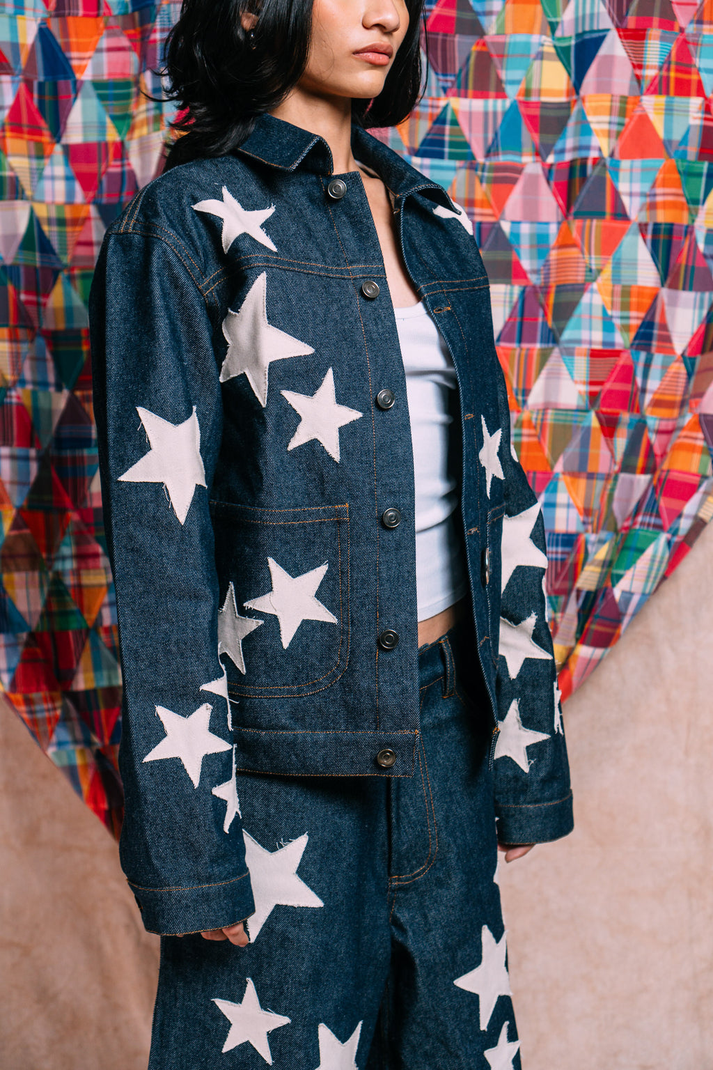 Denim Work Jacket 'Ecru Star Patchwork'