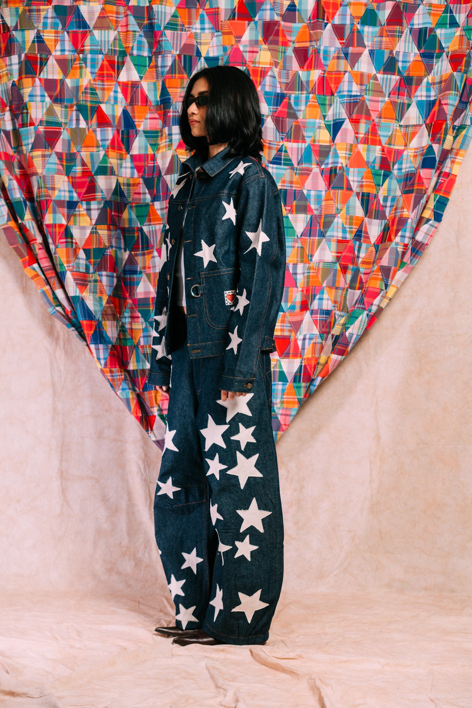 Denim Work Jacket 'Ecru Star Patchwork'