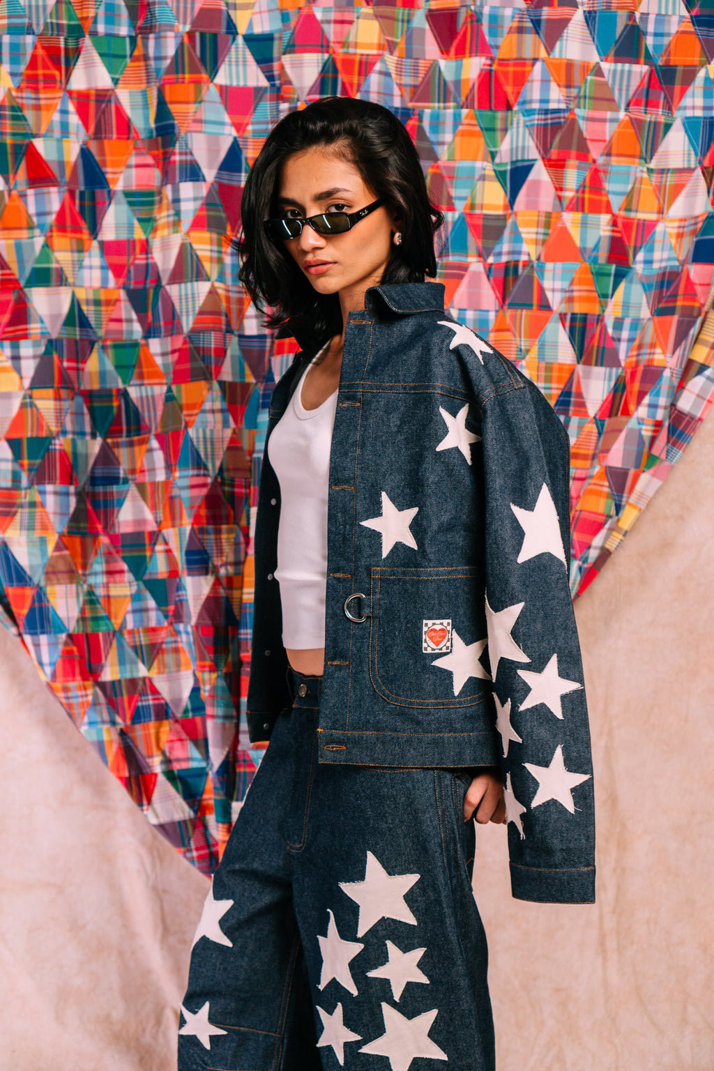 Denim Work Jacket 'Ecru Star Patchwork'