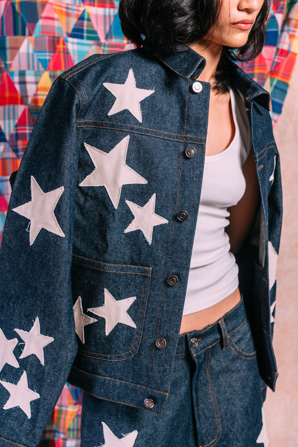 Denim Work Jacket 'Ecru Star Patchwork'