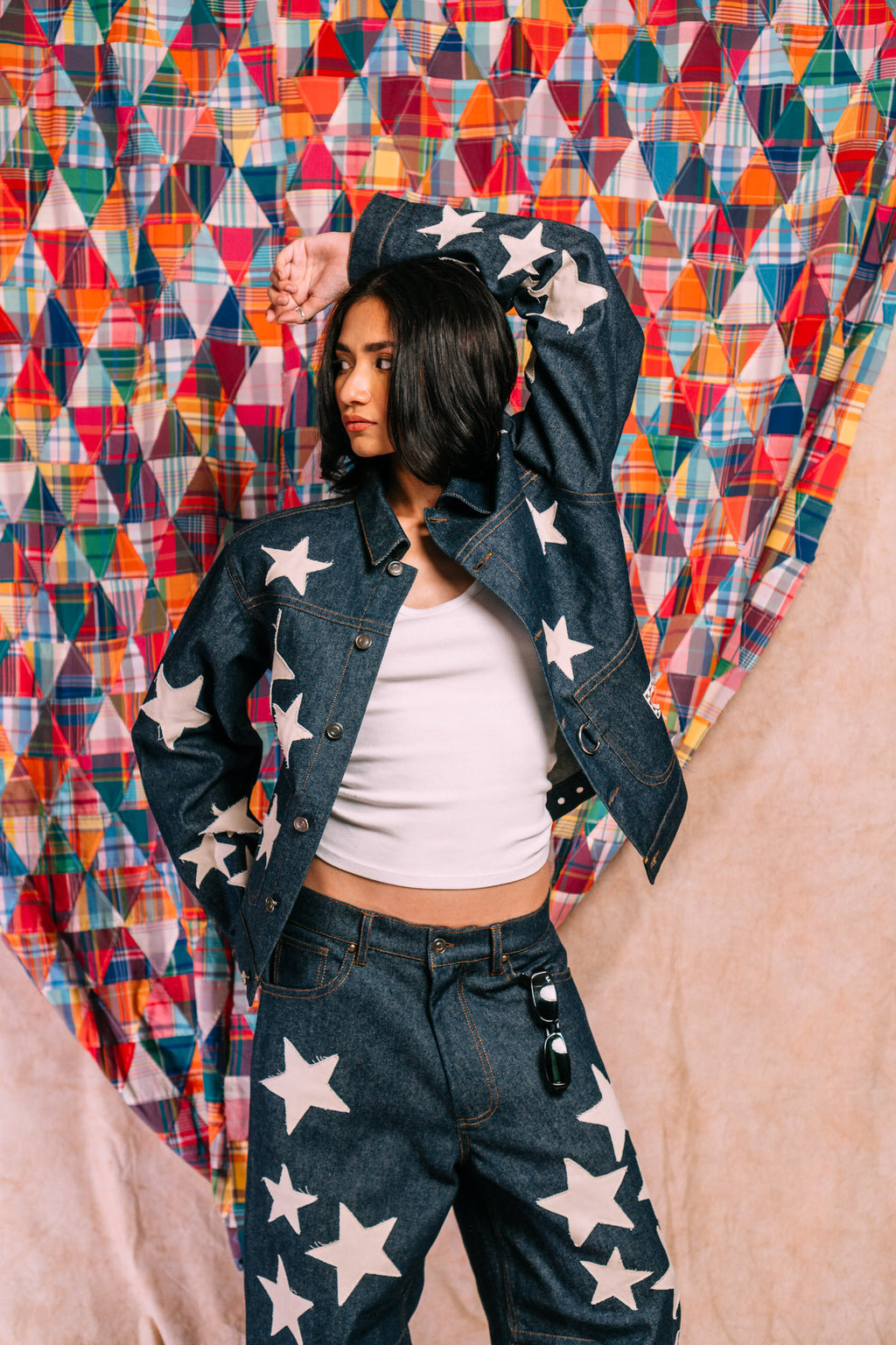 Denim Work Jacket 'Ecru Star Patchwork'