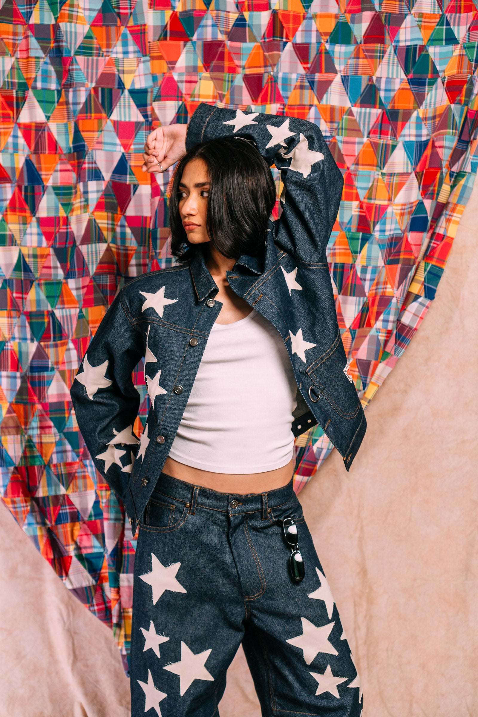 Denim Work Jacket 'Ecru Star Patchwork'