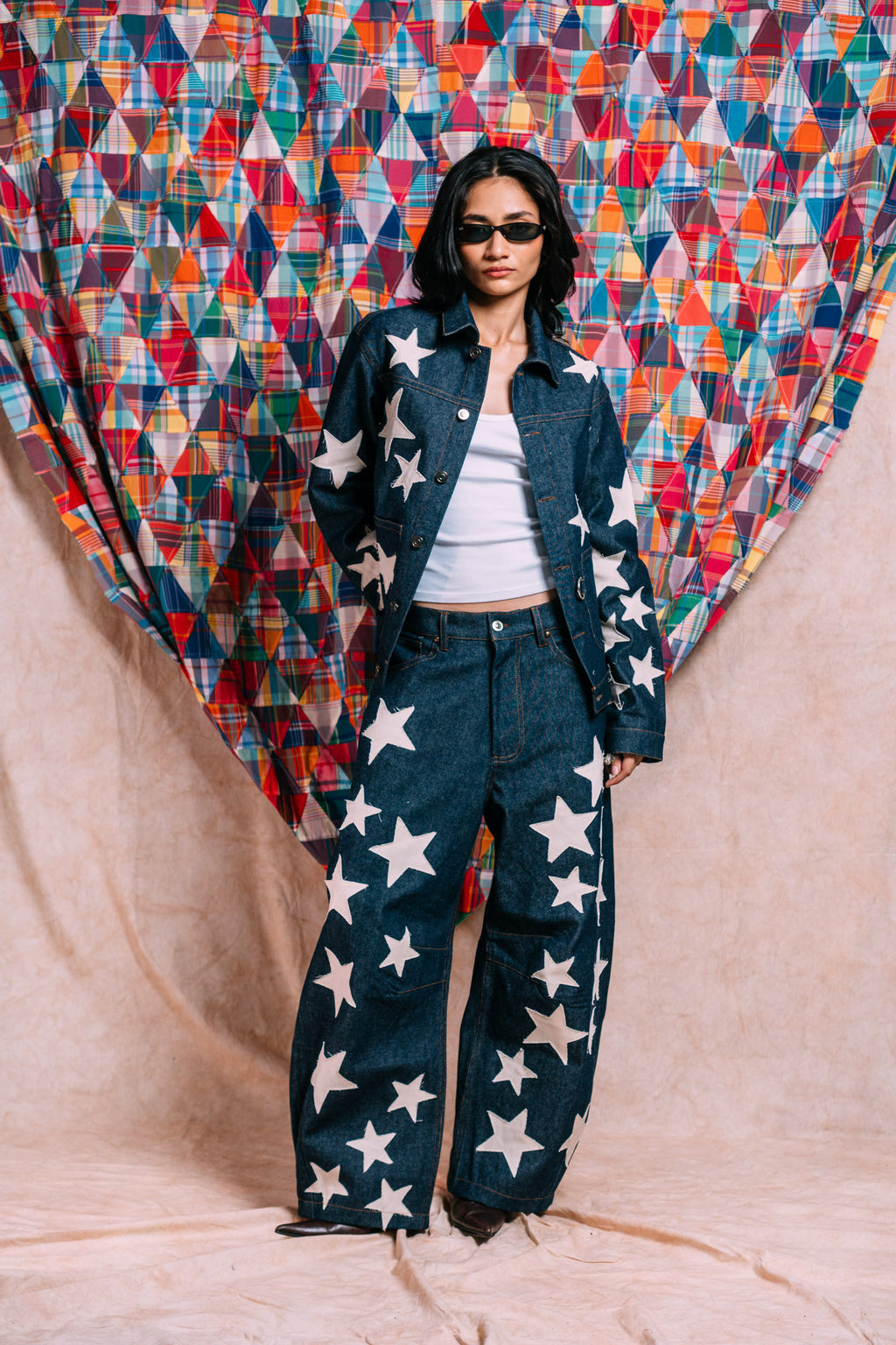 Denim Work Jacket 'Ecru Star Patchwork'