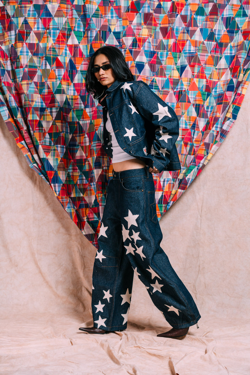 Denim Work Jacket 'Ecru Star Patchwork'
