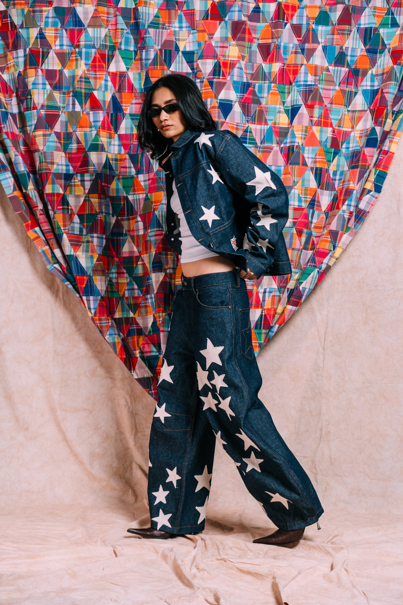 Denim Work Jacket 'Ecru Star Patchwork'