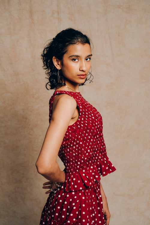 Ruched Top 'Maroon Polka Dots'