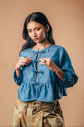 Front Tie Peplum Top 'Speckle Blue Tencel'