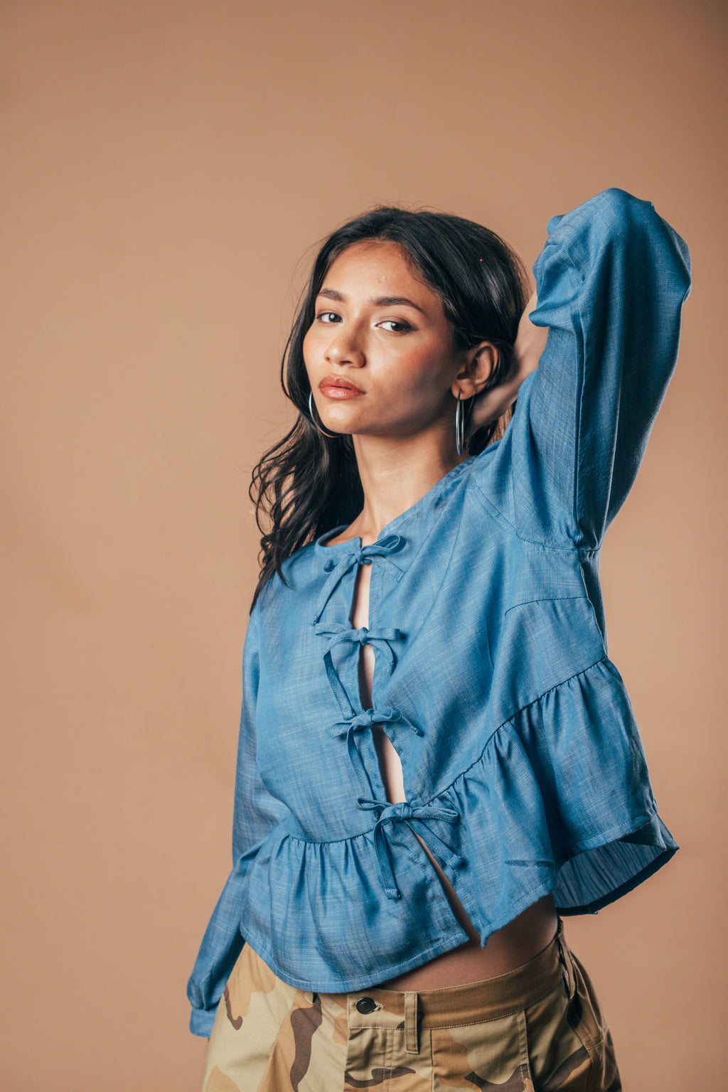 Front Tie Peplum Top 'Speckle Blue Tencel'