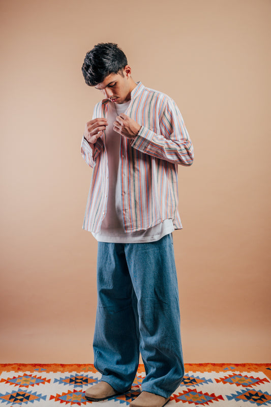 Band Collar Shirt 'Multi Stripe Khadi'