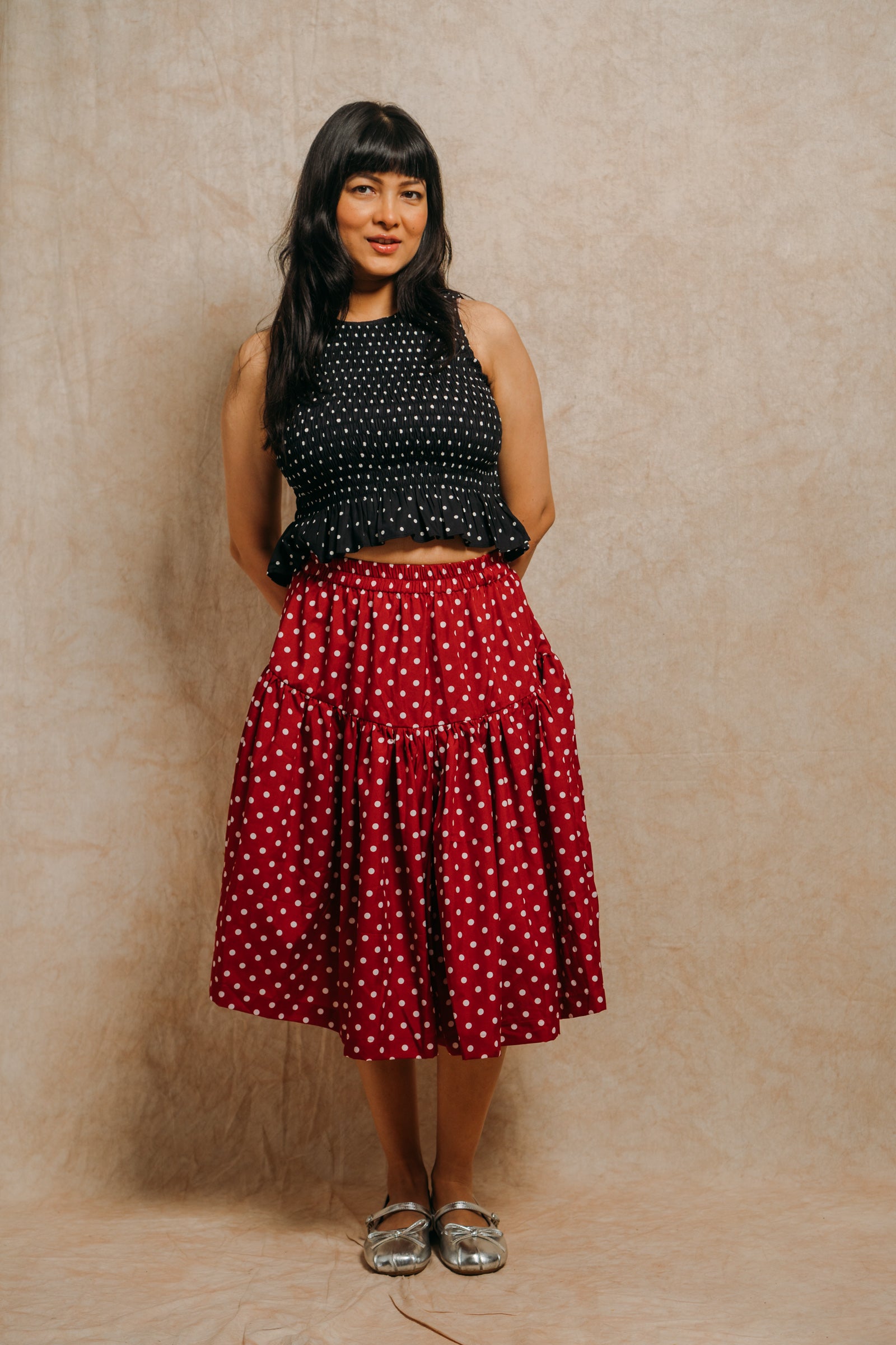 Tiered Skirt 'Maroon Polka Dots'