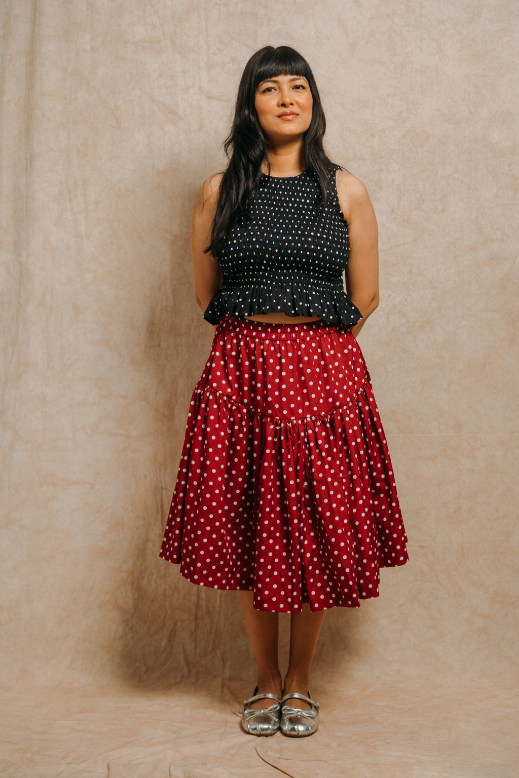 Tiered Skirt 'Maroon Polka Dots'