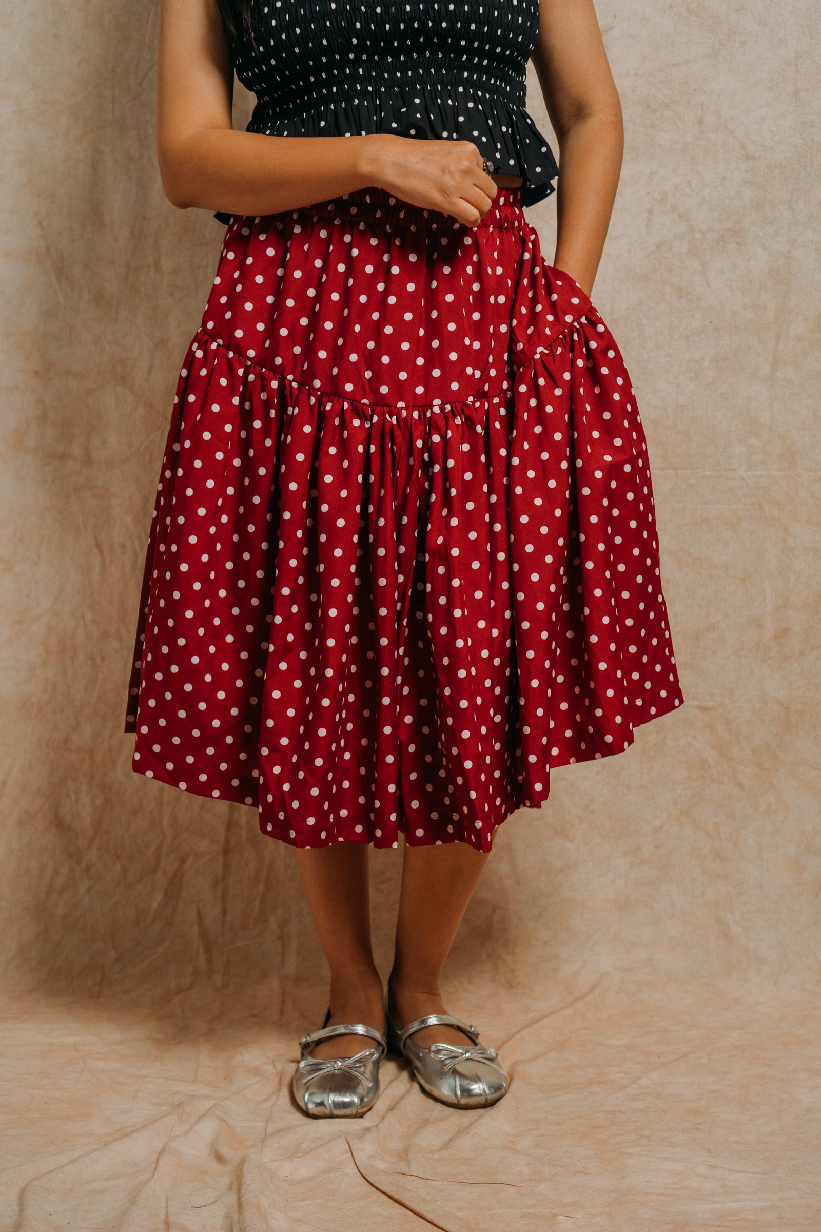 Tiered Skirt 'Maroon Polka Dots'