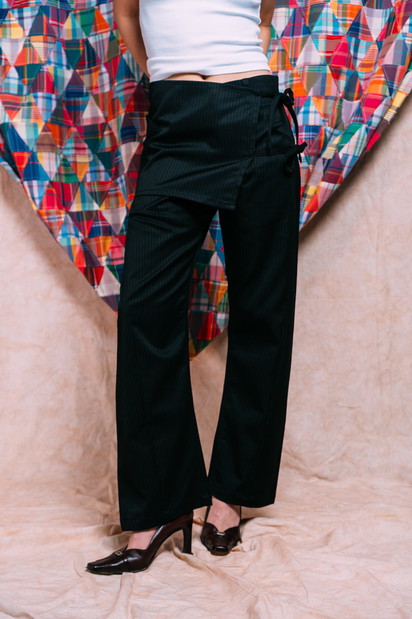 Two-Tie Apron Slouchy Pants 'Black Stripes'