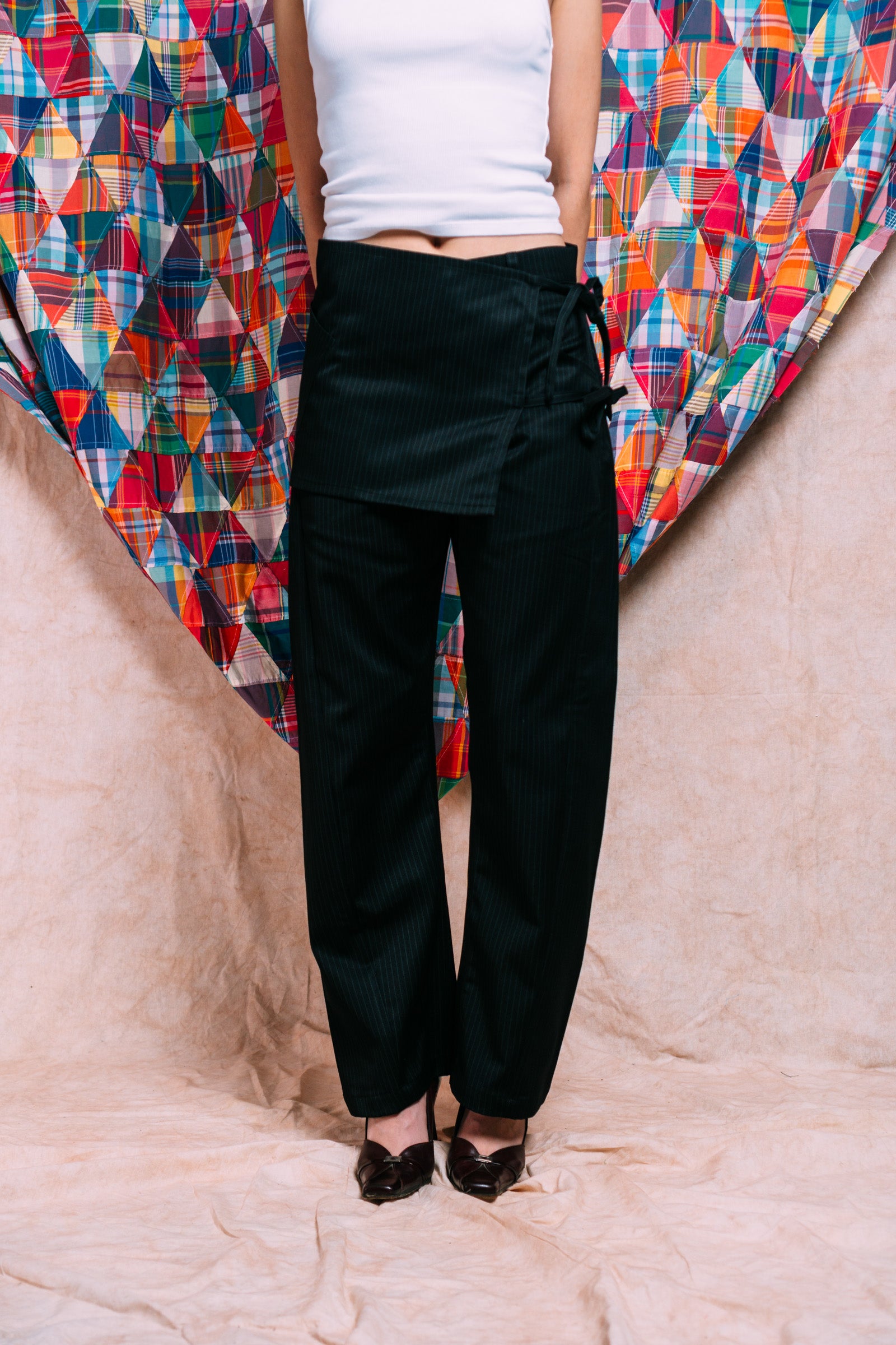 Two-Tie Apron Slouchy Pants 'Black Stripes'