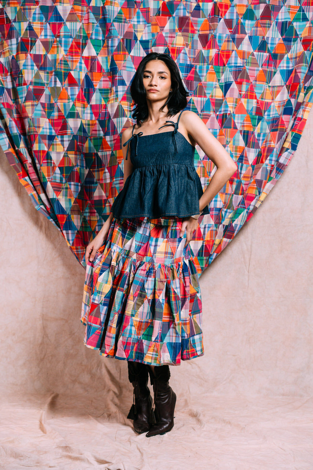 Tiered Skirt 'Madras Patchwork Triangles'
