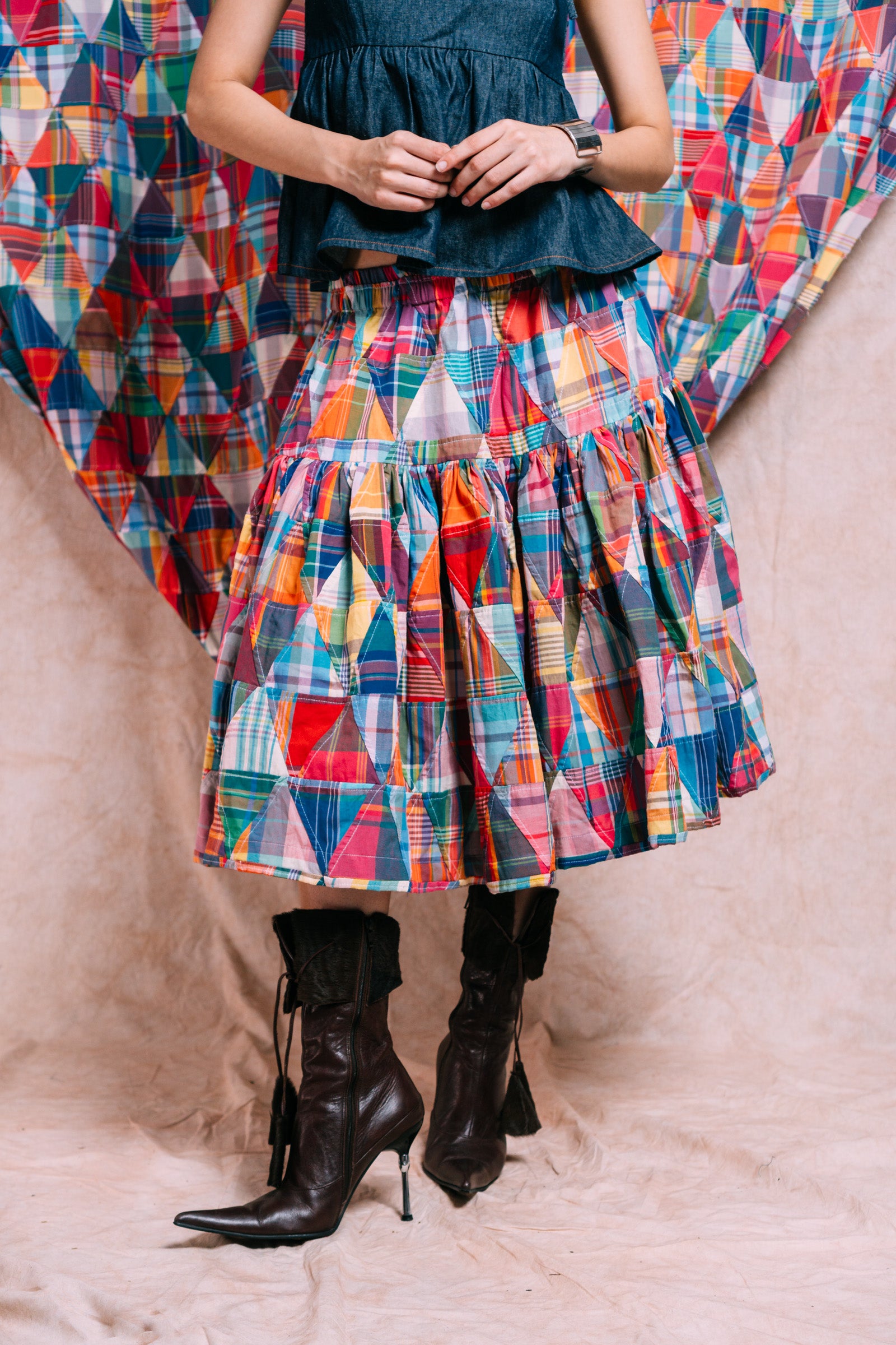 Tiered Skirt 'Madras Patchwork Triangles'
