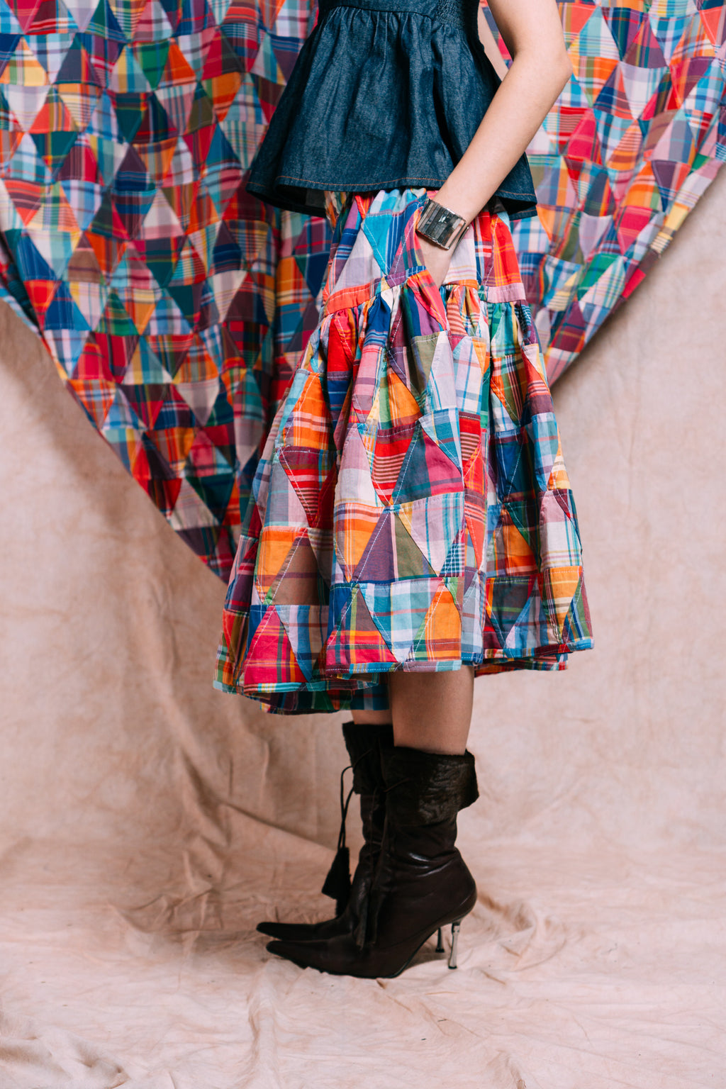 Tiered Skirt 'Madras Patchwork Triangles'