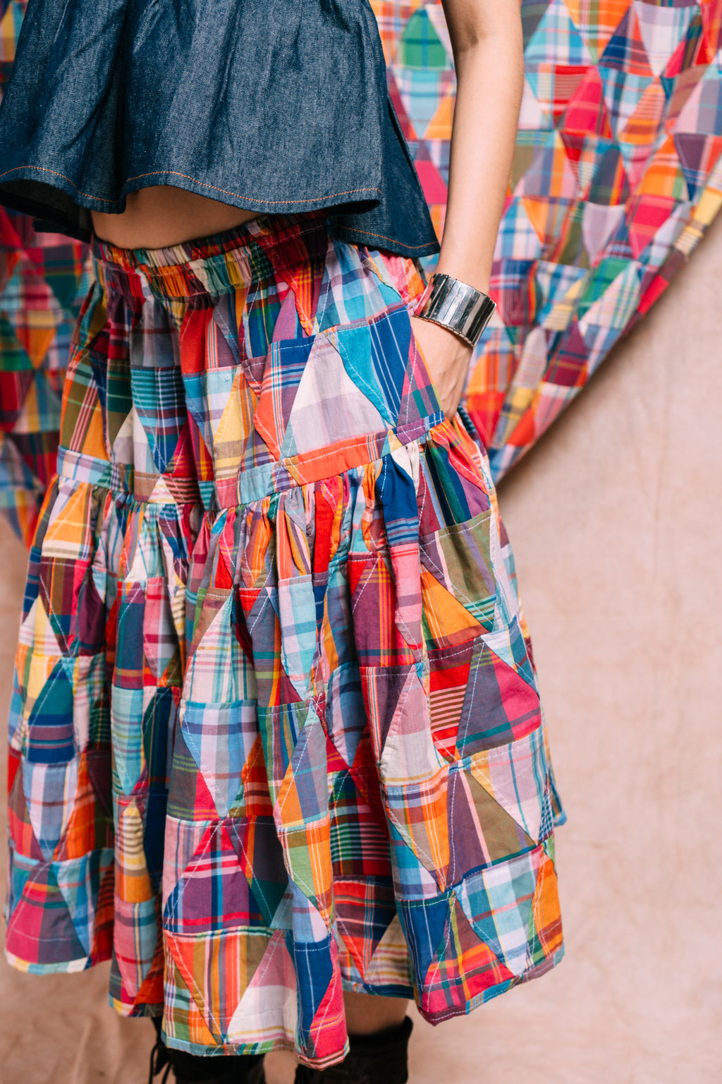 Tiered Skirt 'Madras Patchwork Triangles'