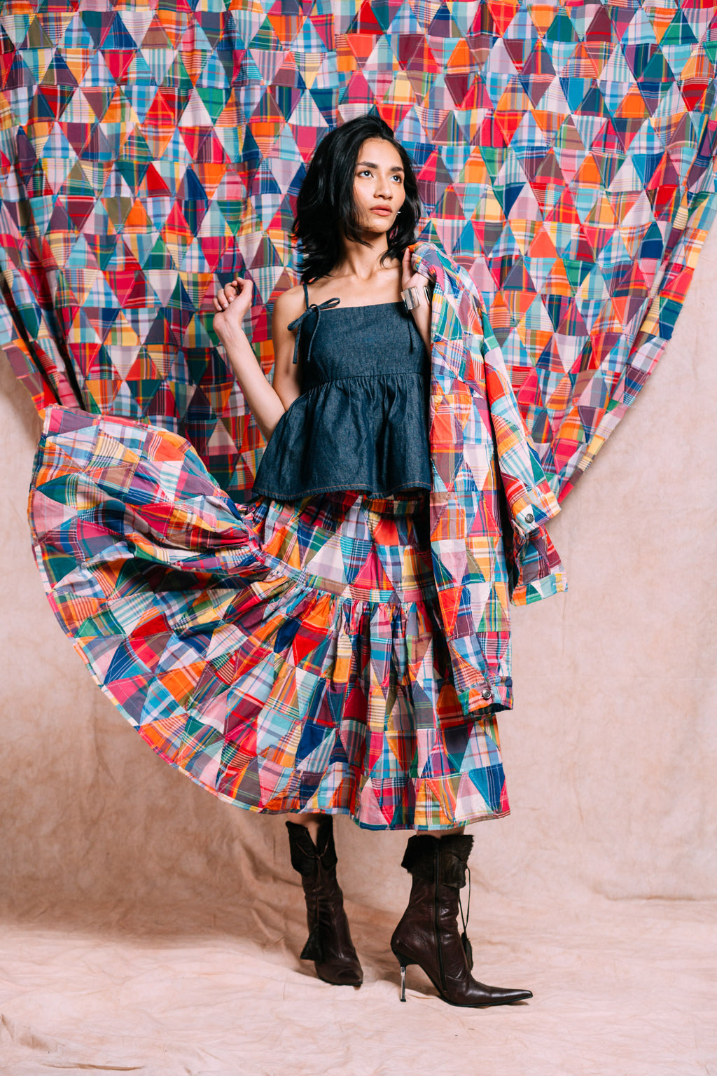 Tiered Skirt 'Madras Patchwork Triangles'