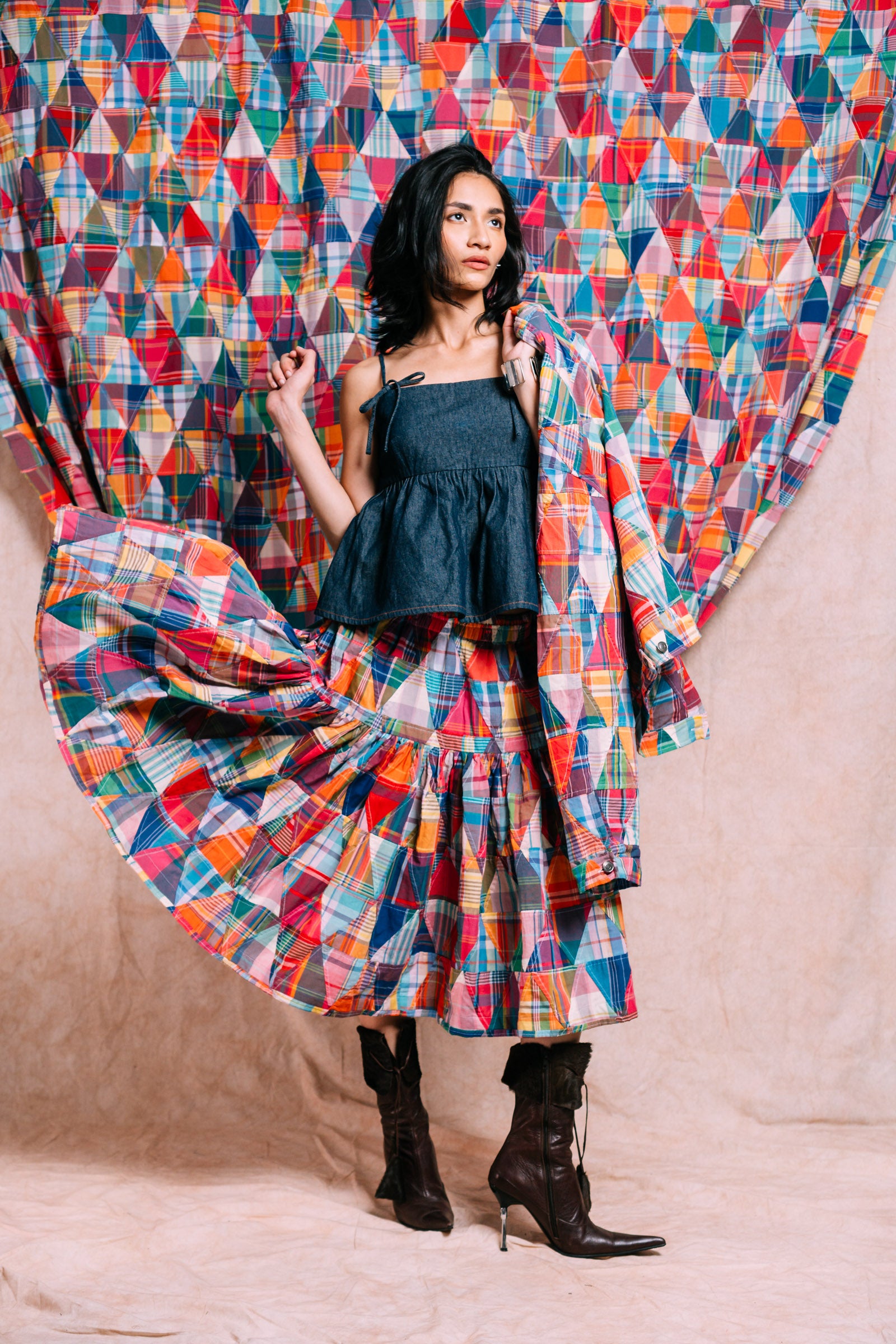 Tiered Skirt 'Madras Patchwork Triangles'
