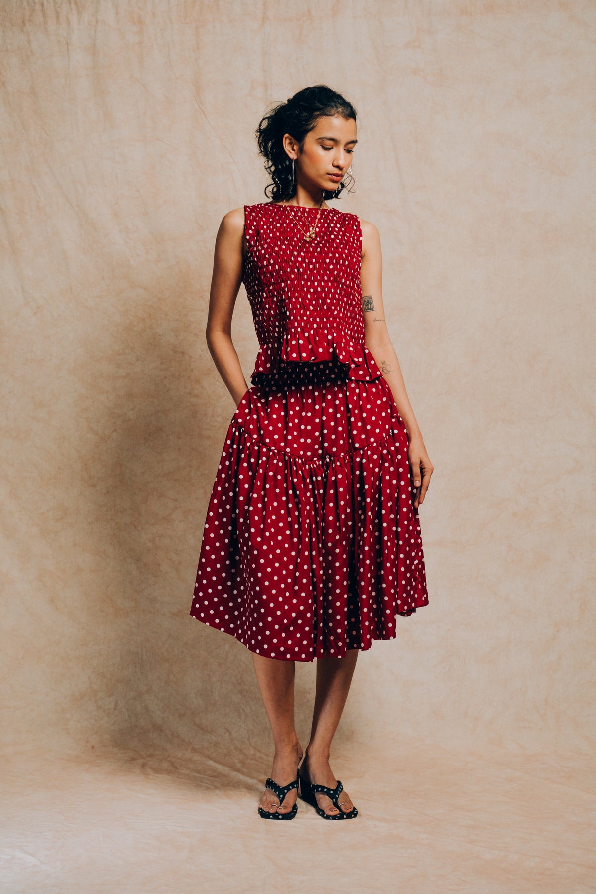 Tiered Skirt 'Maroon Polka Dots'