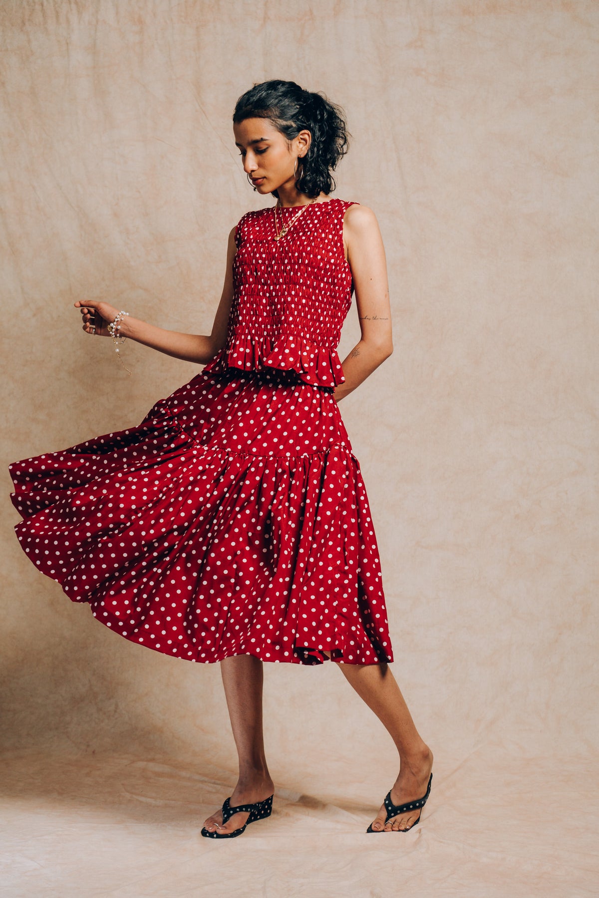 Tiered Skirt 'Maroon Polka Dots'