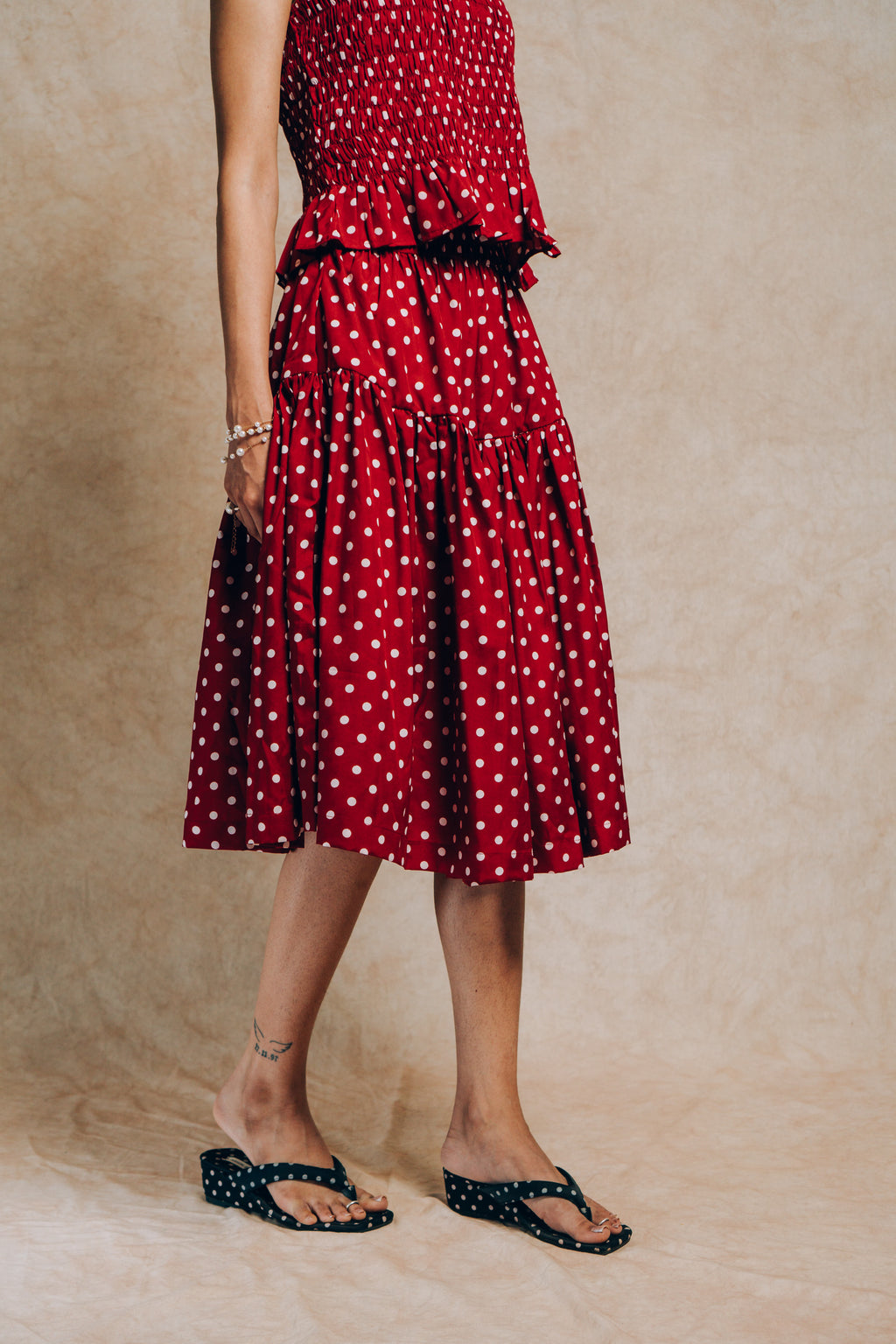 Tiered Skirt 'Maroon Polka Dots'